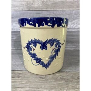 Alpine Pottery Stoneware Crock Roseville Ohio Blue Heart Cream Excellent 1995‎